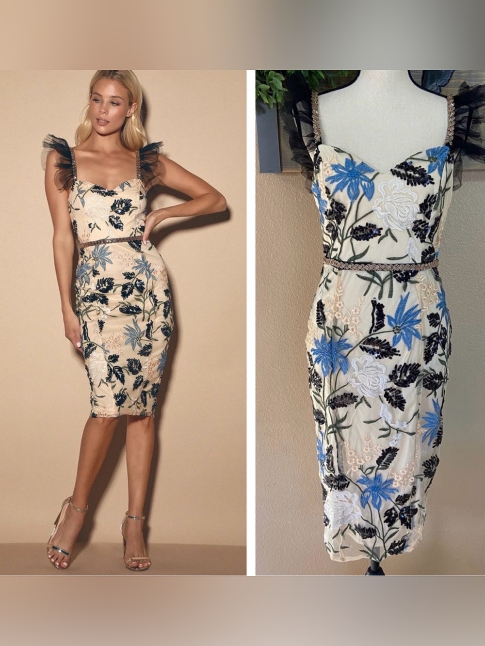 NWT Lulu's Beige Midi Dress with Black & Blue Floral Embroidery - Picture 2 of 9